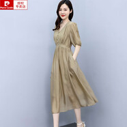 皮爾卡丹（pierre cardin）高端品牌夏季新款2025桑蠶絲連衣裙女中長款顯瘦V領(lǐng)桑蠶絲裙子 綠色 M (建議90-105斤 高品質(zhì))