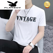 花花公子（PLAYBOY）男短袖t恤2024夏季字母印花棉圓領(lǐng)體恤衫潮流簡約半袖上衣服 白色 M 90-115斤