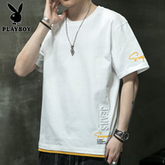 花花公子（PLAYBOY）純棉短袖男士t恤大碼夏季冰絲薄款半袖T上衣服潮流牌情侶透氣打底 37白色 2XL