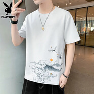 花花公子t恤男2025夏季新款中國風水墨畫印花上衣服時尚潮牌圓領體恤男裝 白色 XL 【121-140斤】