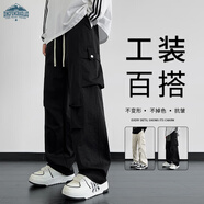 頂峰保羅（Dingfengbaoluo）美式休閑工裝褲男春季潮流闊腿直筒褲機能傘兵長(cháng)褲子DFK73黑色XL