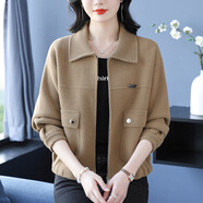 歌米拉（Gemila）短款小香風(fēng)外套女春秋長袖新款毛呢絨針織開衫翻領(lǐng)拉鏈簡約小外套 駝色 2XL 【建議 130-140斤】
