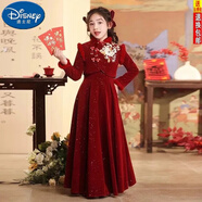 迪士尼（Disney）女童連衣裙秋冬花童婚禮小女孩生日兒童冬裝紅色禮服公主裙兩件套 紅色 【熱賣促銷價(jià)】 120 中國(guó)風(fēng)拜年服