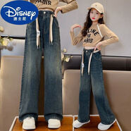 迪士尼（Disney）女童牛仔褲春秋款2025新款中大童外穿寬松洋氣直筒闊腿褲女學(xué)生版 淺藍(lán)色 藍(lán)色腰繩子闊腿褲 120
