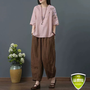 夏典素訂女王素訂棉麻復古上衣女2025刺繡文藝短款夏季女裝中國風民族風t恤 粉色+咖色九分褲 3XL 建議145-160斤