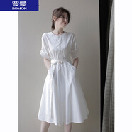 羅蒙（ROMON）襯衫連衣裙女夏季新款時尚輕熟簡約白色御姐風洋氣顯瘦中長款裙子 白色(腰帶) M