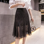 隱形都市2025春夏新款女裝高腰蕾絲網(wǎng)紗裙小女人味魚(yú)擺半身裙中長(cháng)裙子 黑色 M