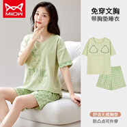 貓人（MiiOW）帶胸墊新款睡衣女夏季純棉短袖短褲韓式家居服套裝休閑可外穿 帶胸墊短袖短褲女：YP-2010 M 建議：【80-100斤】