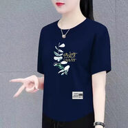 裝中老年短袖t恤女寬松大碼女裝半袖體桖衫洋氣減齡上衣 78下印藏藍色【中】一支蘭花 2XL