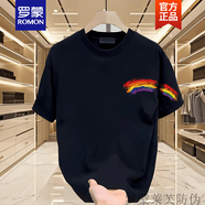 羅蒙（ROMON）美式痞帥純棉短袖T恤青年男女夏季ins潮牌街頭寬松百搭圓領(lǐng)上衣服 黑色【前左圖K4037 左側(cè)袖口彩虹 M 建議100-120斤