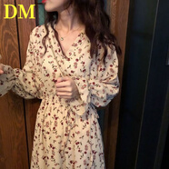 DALEY MODE春裝新款女韓版碎花長(cháng)裙寬松蝴蝶袖高腰顯瘦系帶中長(cháng)款連衣裙女 圖片色 S 建議75-90斤