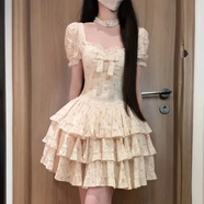 留沁小飛袖甜美碎花方領(lǐng)蝴蝶結連衣裙女韓版顯瘦氣質(zhì)感拼接蓬蓬裙 6831短袖甜妹連衣裙 M 建議90-105斤