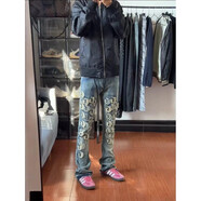 菲尼東爵快手網(wǎng)紅街破洞牛仔褲男痞帥五角星印花修身小腳潮牌百搭長(cháng)褲子 藍色-字母刺繡 M