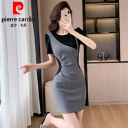皮爾卡丹（pierre cardin）小個(gè)子假兩件緊身連衣裙包臀收腰拼色開叉中長(zhǎng)裙圓領(lǐng)2025夏季新款 灰色短款 L 110-120斤