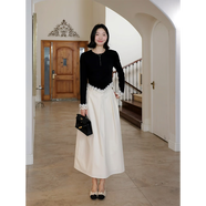 郭九九呢 紅人衣櫥 棉法式復古顯瘦花邊長(cháng)袖t恤高腰褶皺半身裙 G925A00001 套裝(上衣 +半裙) XL