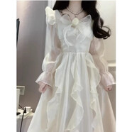 天啟世紀法式常規袖邊白色長(cháng)袖連衣裙子女春秋高級感氣質(zhì)收腰溫柔風(fēng)仙女長(cháng) 連衣裙(高品質(zhì)) XL