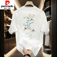皮爾卡丹（pierre cardin）夏季男士短袖t恤創(chuàng)意印花圓領(lǐng)上衣重磅含棉國潮中國風(fēng)打底體恤衫 白色前小后大圖K1060 兩只仙鶴20 建議180-195斤 3XL