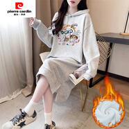 皮爾卡丹（pierre cardin）中長(cháng)款過(guò)膝長(cháng)袖連衣裙女秋季2025新款寬松慵懶風(fēng)開(kāi)叉連帽衛衣裙子 900-3-灰色(加絨加厚) L (建議110-130斤)