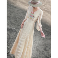 源夫人2025春夏新款氣質(zhì)新中式國風(fēng)刺繡燈籠袖V領(lǐng)收腰顯瘦百褶連衣裙女 杏色 S 【建議95斤以下】