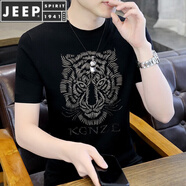 JEEP SPIRIT潮流重工藝虎頭燙鉆短袖t恤男夏季冰絲圓領(lǐng)半袖帥氣打底體恤 黑色 4XL 適合160-170斤
