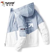 啄木鳥(niǎo)連帽外套男士夏季薄款潮流工裝夾克寬松休閑上衣服男裝 1xm21/601上藍(lán)下白 M
