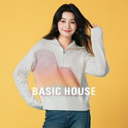 Basic House/百家好半拉鏈漸變拼接毛衣冬季設計感套頭落肩上衣女 白色 M