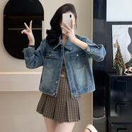 妹丫牛仔外套女2025春秋季新款水洗藍(lán)寬松牛仔夾克美式休閑 中藍(lán)色 M