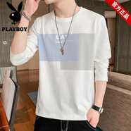 花花公子（PLAYBOY）品牌純棉長袖t恤男裝春夏季潮流寬松圓領(lǐng)撞色打底小衫體恤上衣服 K1313白色 XL 建議  120-140斤