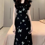 妙奕嘉法式連衣裙純欲裙子夏季女裝2025新款長(cháng)裙性感小個(gè)子高級感小媽裙 黑底蝴蝶飛飛袖連衣裙 L