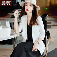 晨芙小西裝外套女夏雪紡七分袖短款休閑西服正裝氣質(zhì)名媛風(fēng)連衣裙套裝 單件白色外套 L 建議105-115斤