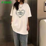 FSHE2025新款短袖t恤女夏季新款大碼女裝韓版寬松ins純欲風半袖上衣服 白色[凌亂愛心英文]短袖 3XL _160-180斤