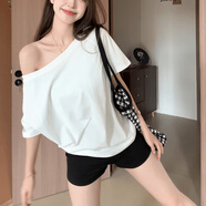 ANGEL MOOD白色斜肩露肩t恤女短袖夏季2025新款寬松顯瘦遮肉一字肩辣妹上衣 白色 S 【100斤內(nèi)】
