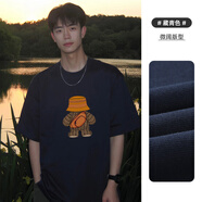 至唯美式潮牌短袖T恤男夏季oversize重磅純棉正肩體恤青少年半袖tee衫 T923藏青 M 【推薦90-110斤】