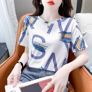 登森奧奧短袖t恤女2025夏季新款寬松印花半袖體恤衫女裝上衣夏裝打 夏汁維婭-藍色 L 建議100-115斤