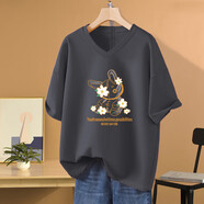 菲尼東爵200斤大碼夏裝短袖t恤女寬松加肥加大300斤胖mm體恤V領(lǐng)上衣潮 鐵灰色【情侶裝/2023新款/潮牌/ 2XL 145-165斤