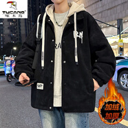 啄木鳥(niǎo)（TUCANO）燈芯絨外套男士秋冬季假兩件連帽夾克男款學(xué)生加絨加厚派克棉衣服 815黑色 【加絨加厚】 L 【建議100-120斤】