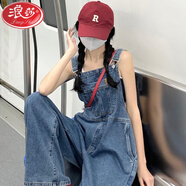 浪莎（LangSha）網(wǎng)紅鹽系小個(gè)子牛仔背帶褲女春秋復古港味寬松顯瘦直筒闊腿長(cháng)褲子 深藍色 M