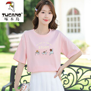 啄木鳥（TUCANO）棉白t恤女短袖寬松小衫夏裝2024新款時尚圓領(lǐng)印花體恤半袖上衣 淺粉色短袖-三個女孩 4XL