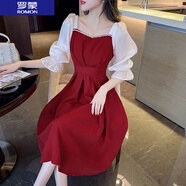 羅蒙（ROMON）連衣裙女裝五分袖夏季2024新款系帶顯瘦遮肉法式方領(lǐng)長款拼接裙子 紅色 XL 120-140斤
