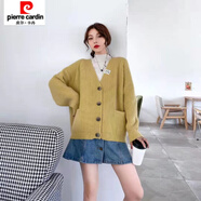 皮爾卡丹（pierre cardin）2021新款春秋款韓版外套大碼外搭女開衫毛衣寬松慵懶風(fēng)口袋上衣 黃色商場品質(zhì) 加厚 加肥加大 5XL