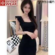 SNYDER WEAR法式性感名媛方領飛飛袖連衣裙2025夏裝新款小女人收腰顯瘦包臀裙 黑色 S 40/45kg