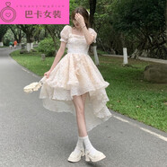 NJTD生日穿在逃公主法式連衣裙公主風(fēng)燕尾方領(lǐng)蓬蓬裙前短后長(cháng)拖尾可愛(ài) 圖片色2 燕尾版 S