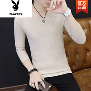 花花公子（PLAYBOY）男士毛衣v領(lǐng)秋季韓版潮流青年薄款打底衫上衣修身純色針織長袖t恤 934米色 L