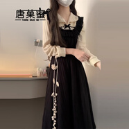 唐菓蜜假兩件連衣裙女2025春秋新款女裝時尚百搭法式氣質(zhì)復(fù)古風(fēng)顯瘦裙子 黑色裙子+花朵腰帶 2XL
