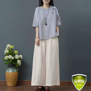 夏典素訂女王素訂棉麻復(fù)古上衣女2025刺繡文藝短款夏季女裝中國風(fēng)民族風(fēng)t恤 灰色+麻色闊腿褲 XL 建議115-130斤