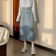 南糖三色后開叉牛仔半身裙女中長(zhǎng)款a型2025夏季新款寬松遮胯顯瘦高腰裙子 藍(lán)色 S