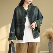 妹丫2025刺繡立領(lǐng)休閑百搭牛仔外套女寬松韓版繡花長(cháng)袖水洗牛仔上衣潮 復古藍 M 90-120斤