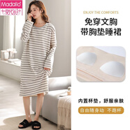 莫代爾新款睡裙女士春秋款純棉長(cháng)袖長(cháng)款過(guò)膝蕾絲花邊睡衣連衣裙子 經(jīng)典條紋216純棉女長(cháng)袖裙加胸墊 M 80斤一100斤
