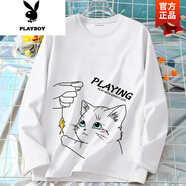 花花公子（PLAYBOY）長袖t恤男2025新款春秋薄款潮ins百搭圓領(lǐng)打底衫寬松白色學(xué)生體恤 小貓咪 L