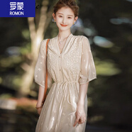 羅蒙（ROMON）女裝立體繡花連衣裙女2025夏季新款蝴蝶結(jié)薄款套頭燈籠袖雪紡裙子 米色連衣裙 XL 130-140斤